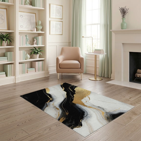 ODIKA Abstract Marble Modern Brushstroke Design With Gold Veining Motif Pet Friendly & Kids Safe Play for Playroom, Bedroom, Reading Nook