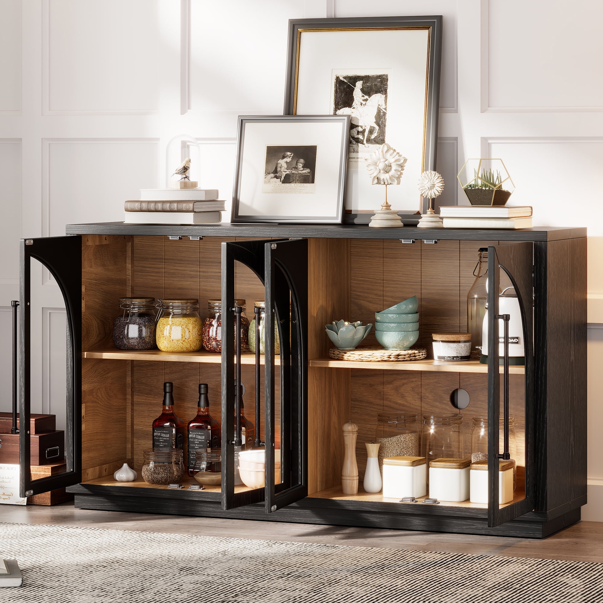 EUROCO 60" Large Sideboard Buffet Cabinet,Storage Cabinet with Glass Doors and Adjustable Shelves,Arched Kitchen Cabinet Display Cabinet for Kitchen, Living Room, Hallway,Black