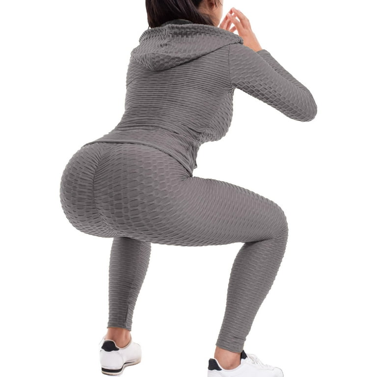 MixMatchy Women's Solid Scrunch Butt Active Leggings Zip Up Jacket Set  Workout Yoga Outfit 