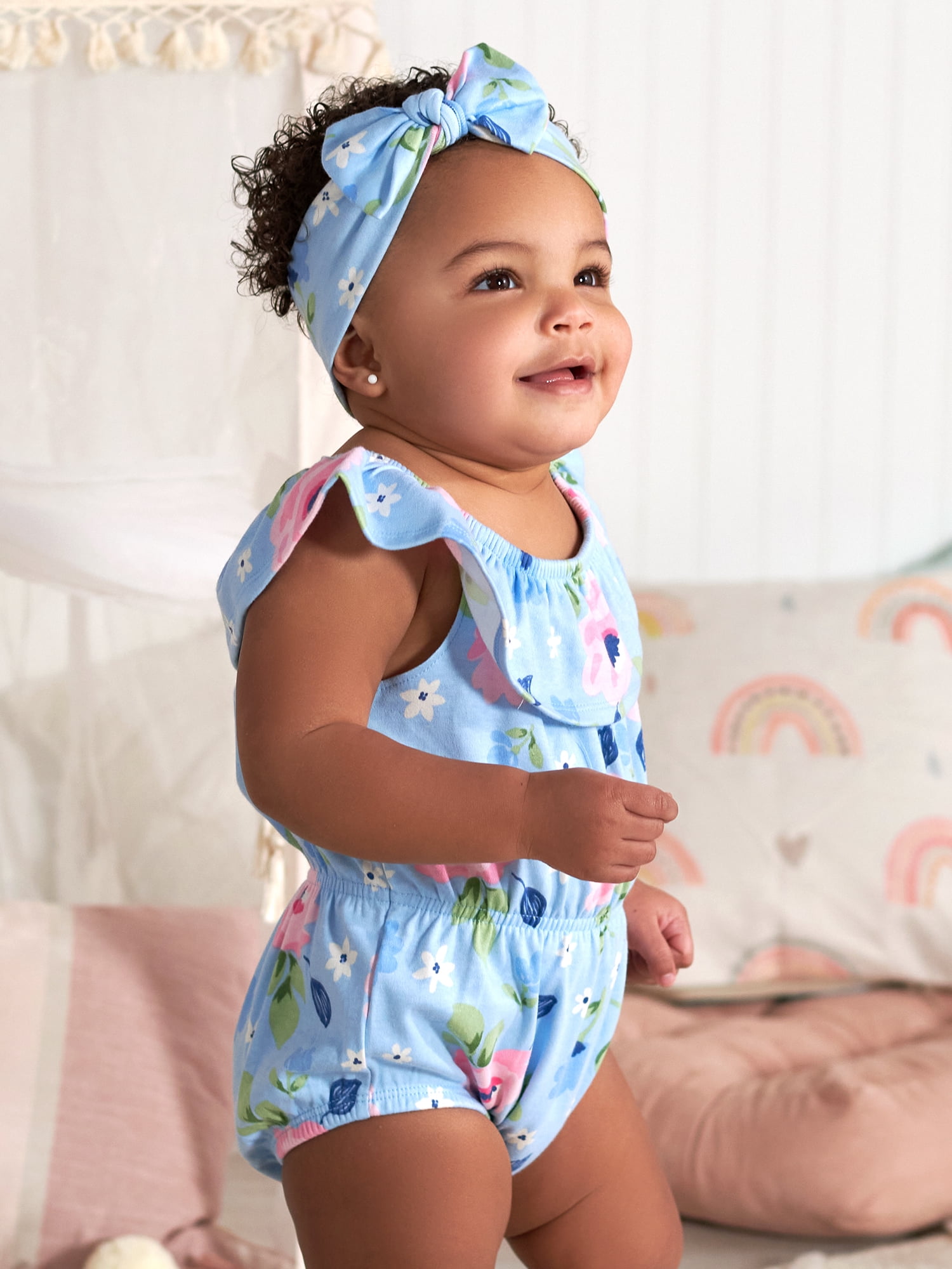 Gerber Baby Girl Wide Neck Romper & Headband Outfit Set, 2-Piece, (0/3 Months - 12 Months)