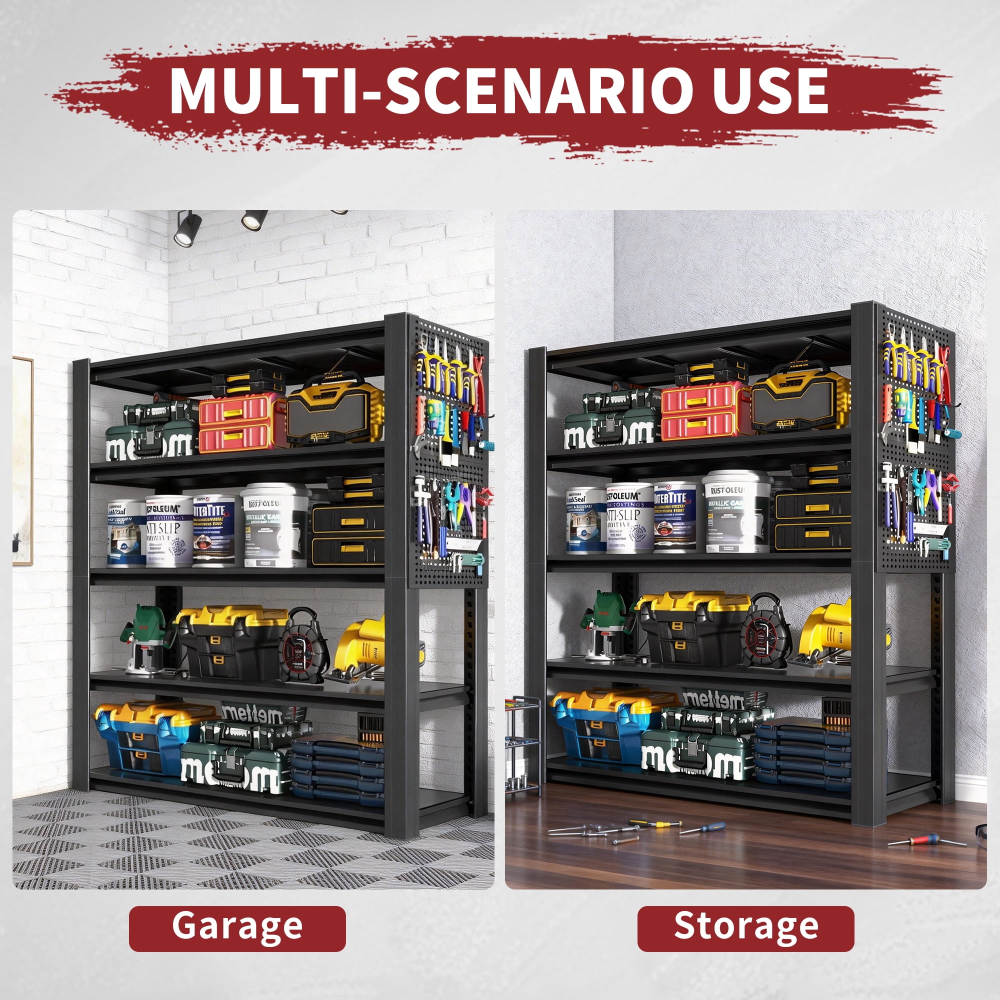Alvantor 5 Tier Storage Shelves, Metal Storage Shelving with Pegboard & Adjustable Shelf for Garage Basement, 47.2"W*23.6"D*72"H Black