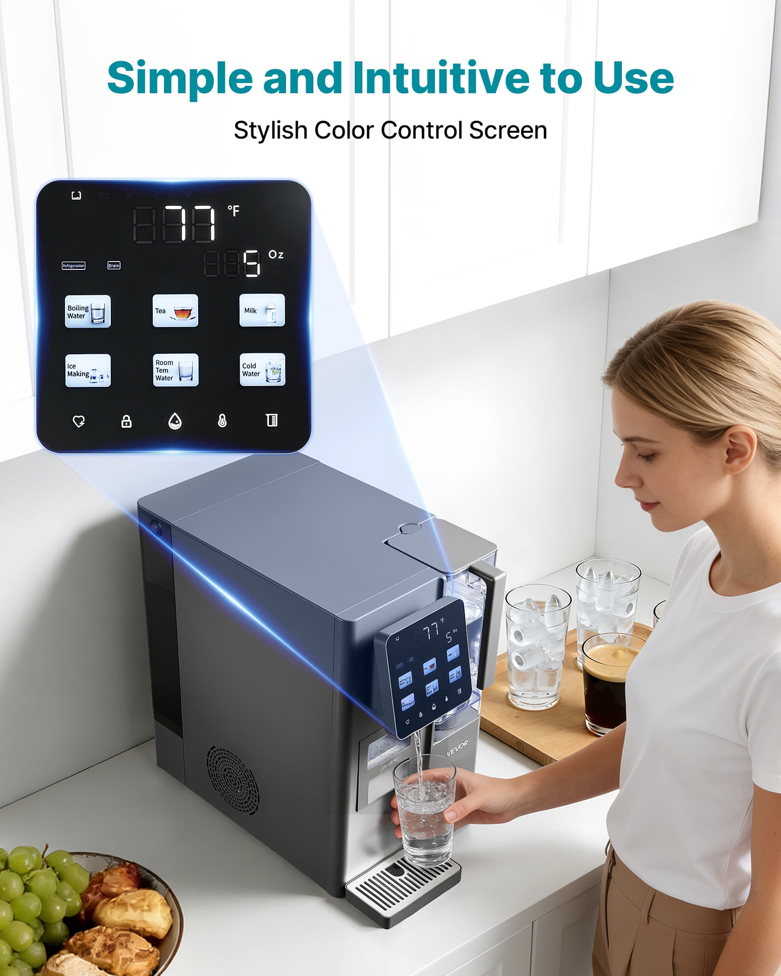VEVOR Ice Maker Water Filter Dispenser, 4-in-1 Countertop Ice Making Machine with Room Temperature, Hot & Cold Water, 6-Stage RO Filter + Mineralization Filter, Multi-Functional for Home Office Party