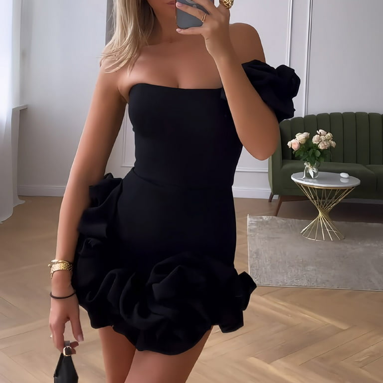 Women's Party Cocktail Mini Dress Women's Summer One Shoulder Sexy Ruffled  Dress Dress With Bra And Hip Wrap Dress Black M