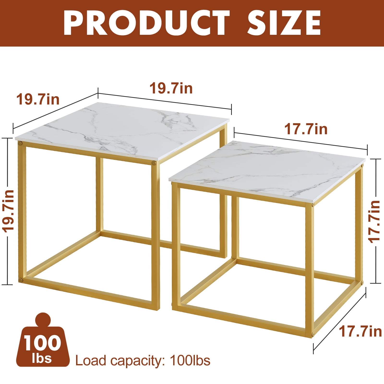 Coffee Table Set of 2, Modern Gold Wooden Side Table, Metal Frame Square End Table, Center Tables,Nesting Coffee Table for Living Room,Bedroom and Small Spaces