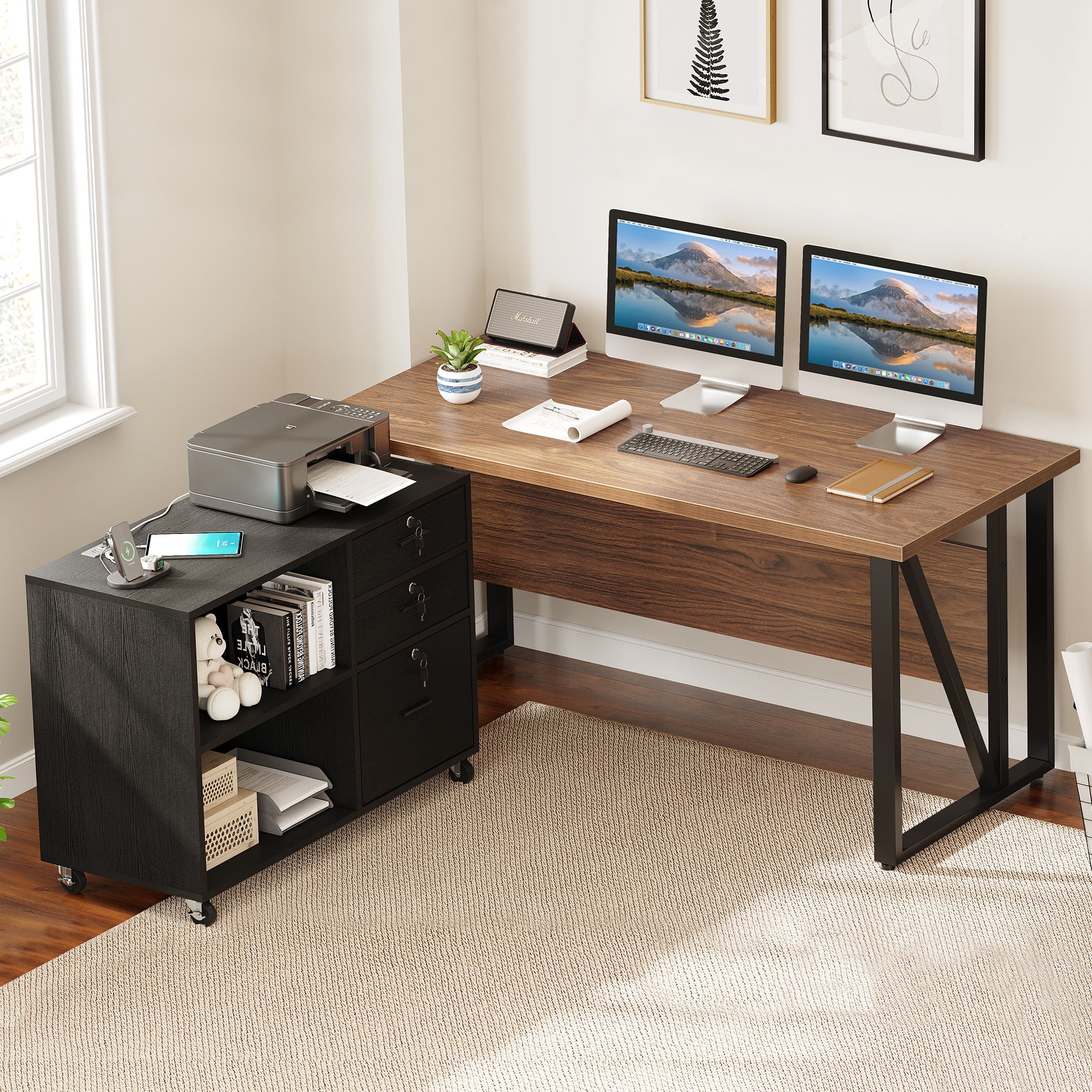 55" Executive Desk and Lateral File L Shaped Desk with Drawers, Computer Desk Home