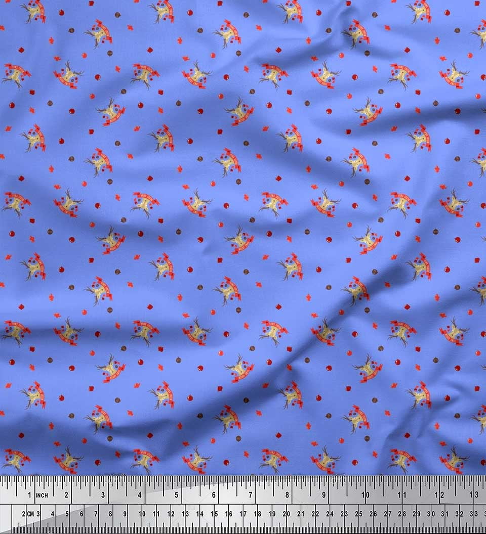 Soimoi Blue Cotton Voile Fabric Reindeer Face & Baubles Christmas Printed Fabric 1 Yard 56 Inch Wide