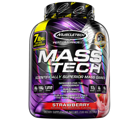 MuscleTech Mass Tech 100% Whey Protein Powder Mass Gainer, Strawberry, 80g Protein, 7lb,