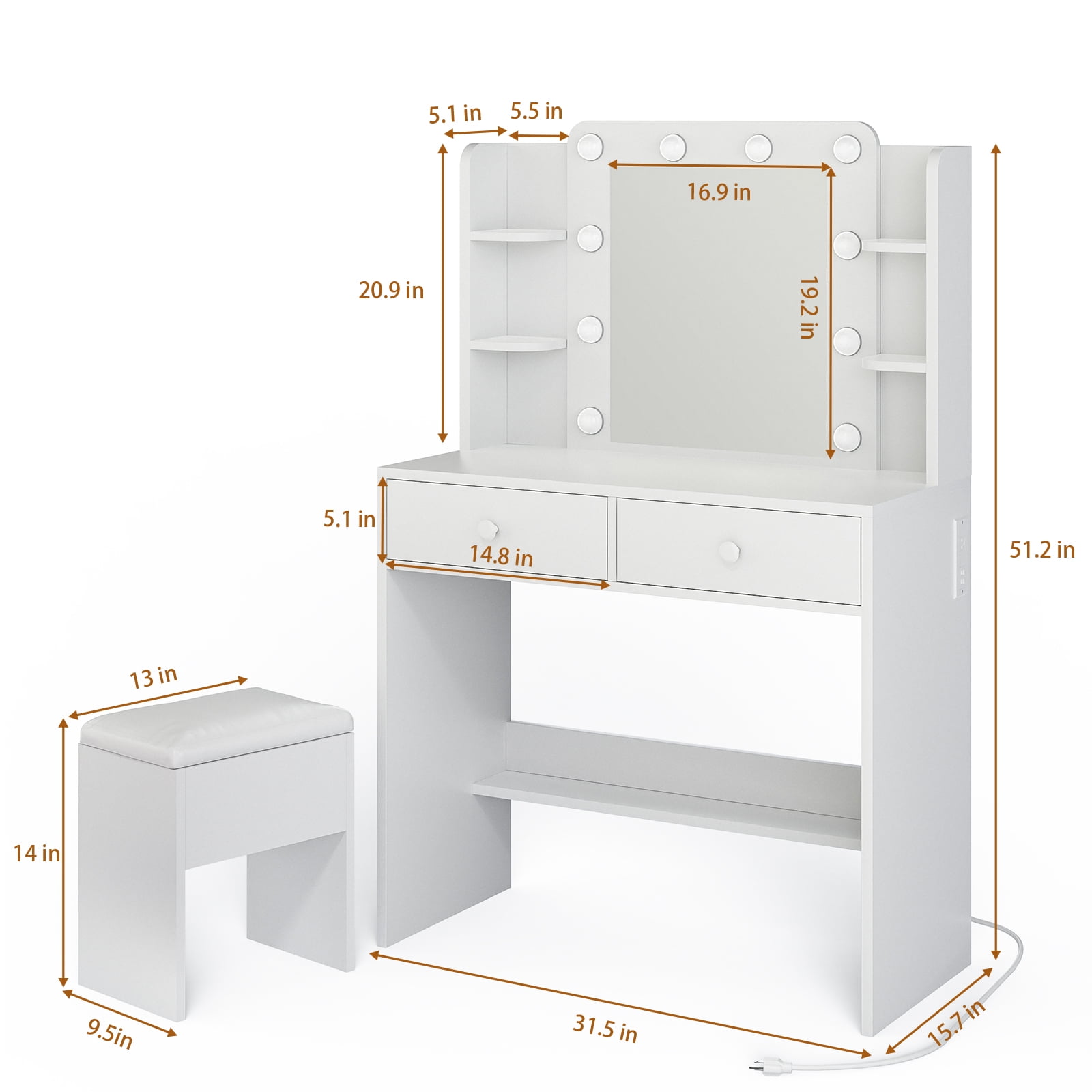 Haewon Vanity Desk with Mirror and LED Light, Power Outlets, Makeup Vanity with Large Capacity Drawers and Cushioned Storage Stool for Bedroom and Corner Space