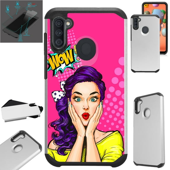 WORLD ACC Fusion Phone Case Compatible with Samsung Galaxy A11 + TEMPERED GLASS Hybrid TPU Phone Cover (WOW Girl)