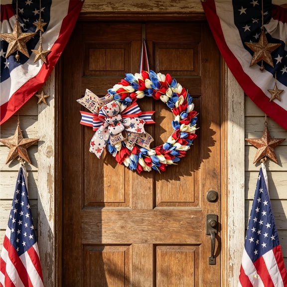 4th of July Patriotic Tulip Wreath(15.8*17.7 in)Outdoor Patio Party Decor for Front Door Porch Wall Garden Entryway 4th Of July Memorial Day Veterans Day Porch Wall Seasonal Decor