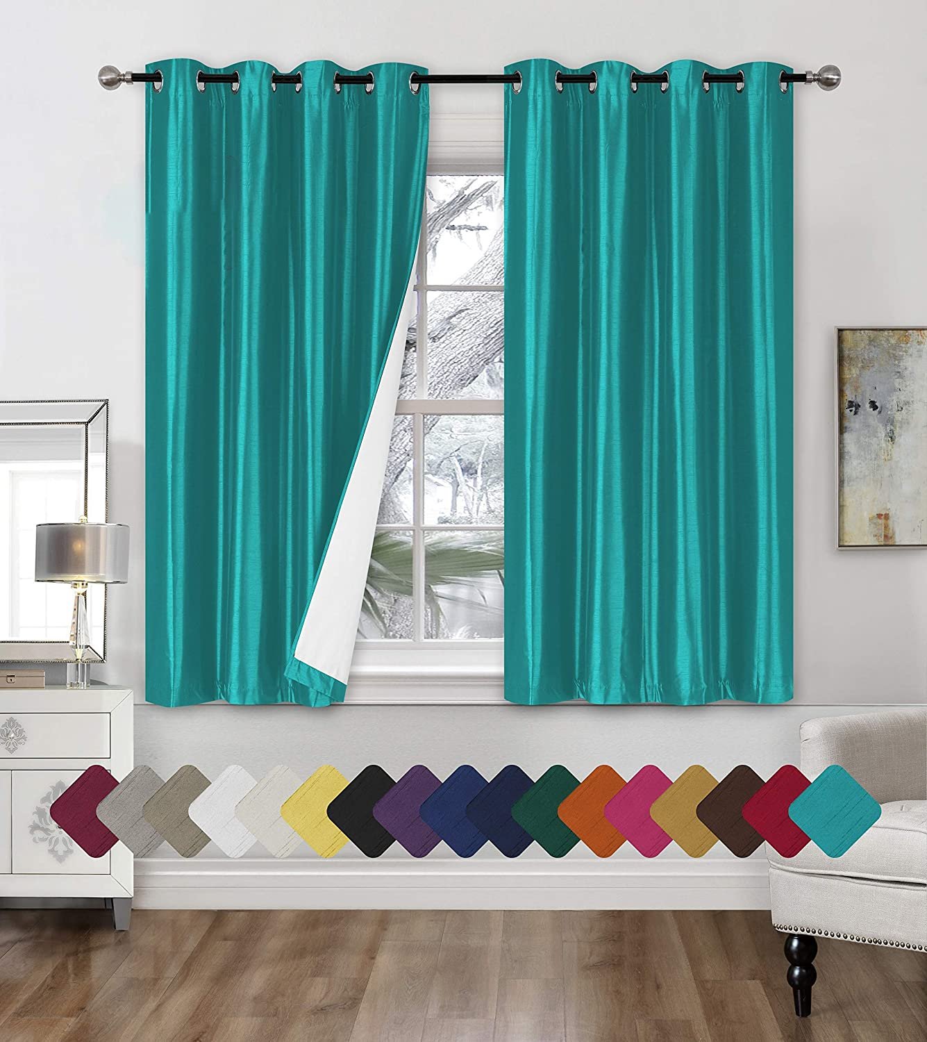 Faux Silk Blackout Curtains 2Panel Sets of 54x63 Room Darkening