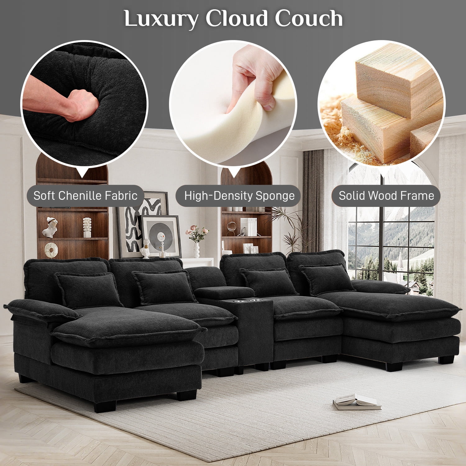 Wiilayok 133" U Shaped Cloud Couch Modular Sectional Couches for Living Room Fluffy Chenille Deep Seat Sofa Set w/ Double Chaise Lounge, Storage Central Console, Cup Holders, USB Port,Midnight Black