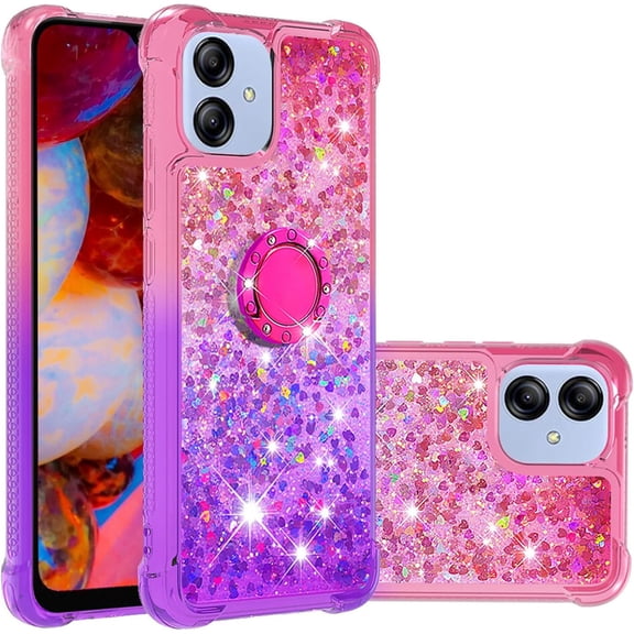Glitter Case for Samsung Galaxy A04e, Bling Sparkle Colorful Gradient Quicksand Waterfall Soft TPU Liquid Case Cover with Ring Stand for Samsung Galaxy A04e/ A03/ M04/ F04 LSJB-Pink Purple