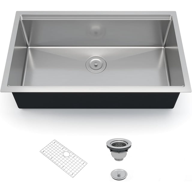 33x19 In Undermount Single Bowl Kitchen Sink with Drainboard 16 Gauge 304 Stainless Steel 10 In Deep with Grid and Drain Kit