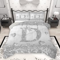 Manfei Bling Monogrammed D Queen Comforter Set for Girl, Grey Fashion Watercolor Marble Bedding Sets, Chic Sequin Print Reversible Bedding Comforter Set, Ultra Soft Bedroom Decor, 3-Piece