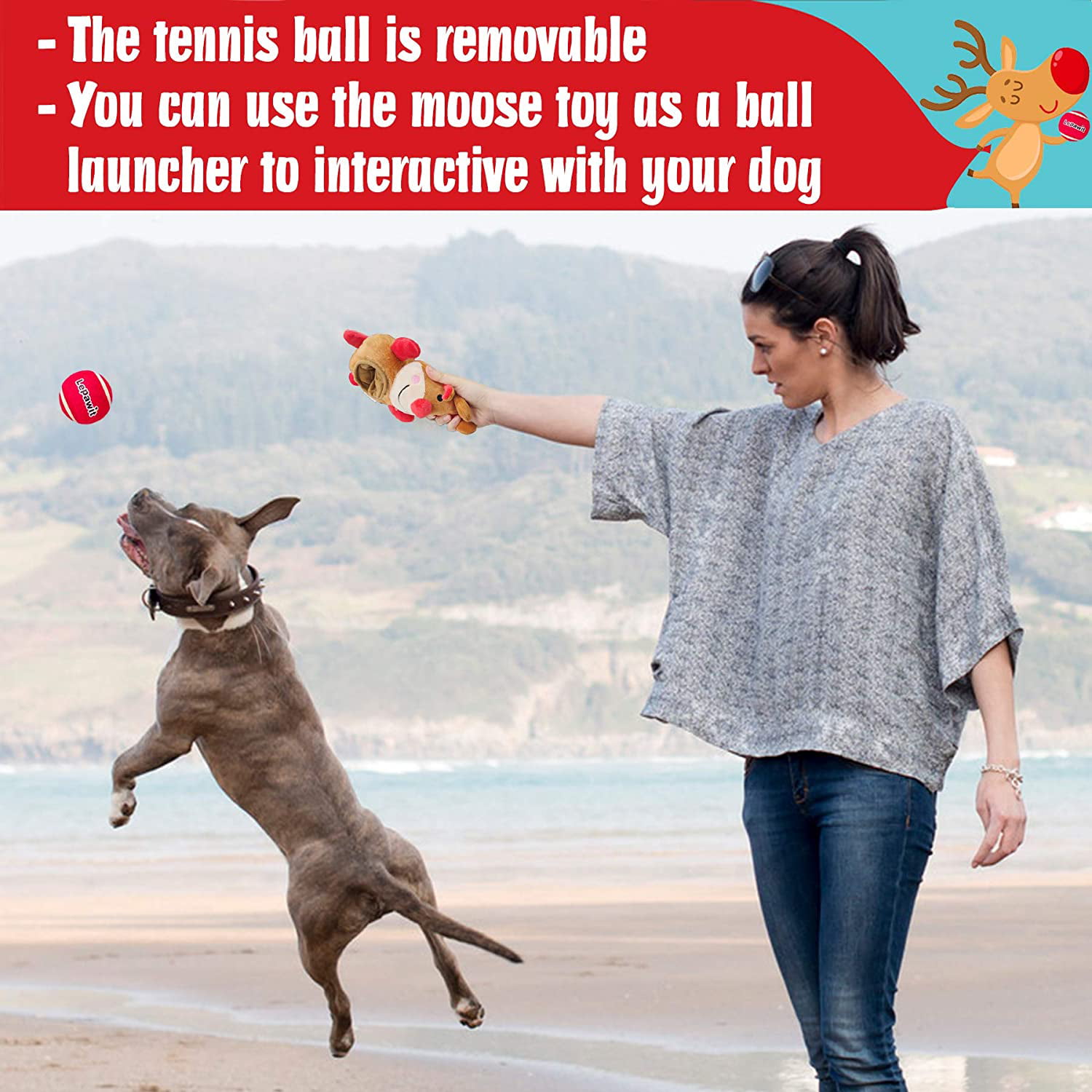 9.5inch Lepawit 2 in 1 New Year Dog Plush Toy Reindeer with 1 Removable Ball Squeaky Toy for Medium Large Dog Interactive Outdoor Dog Training Toy 