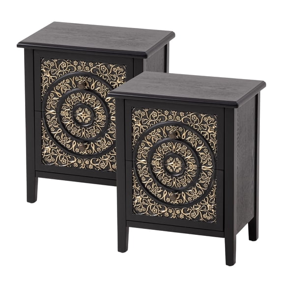 COZAYH Farmhouse 2 Drawer Bedroom Nightstand with Embossed Flower Motif, Set of 2