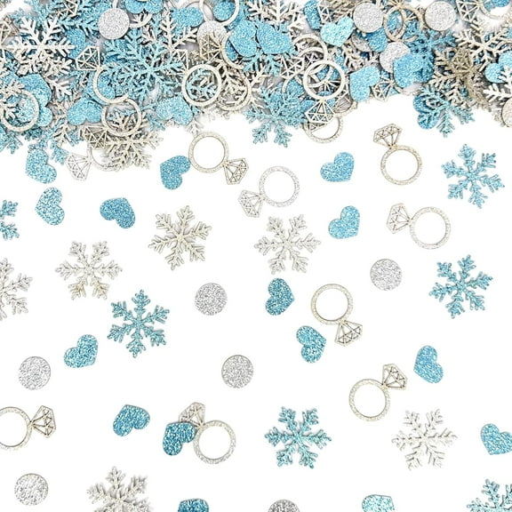 120Pcs Blue Snowflake Engagement Confetti for Tables Snow in Love Bridal Shower Decorations Glitter Snowflakes Heart Ring Confetti for Winter Bechelorette Wedding Shower Party Decorations
