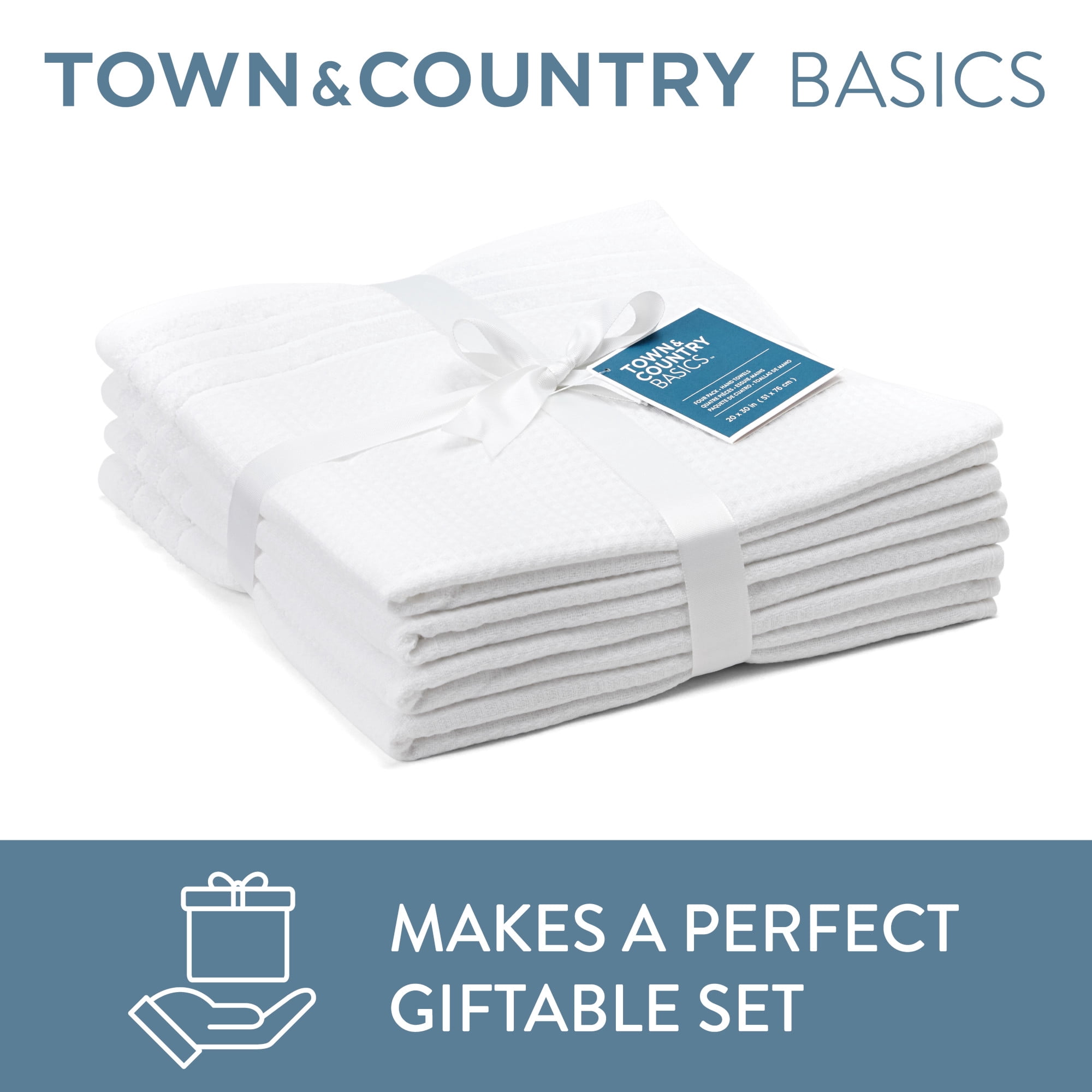 TOWN & COUNTRY BASICS 4-Piece Waffle Woven Terry Stripe Hand Towel Set, 20"x30", 100% Cotton, Quick Dry, White
