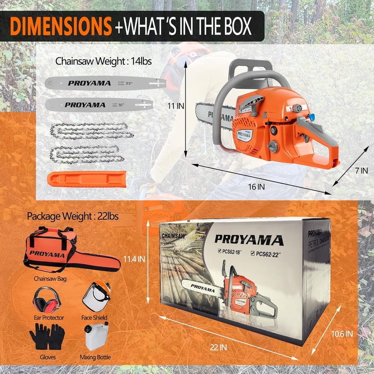 PROYAMA 62CC 2-Cycle Gas Powered Chainsaw, 22 Inch 18 Inch