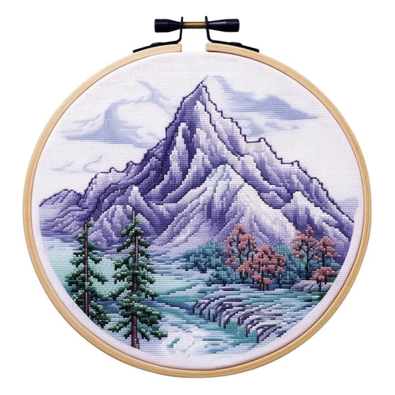 Snow Mountain Round Shape Stamped Cross Stitch Kits for Beginners Easy with Hoop 11CT Needlepoint Embroidery DIY Counted Cross Stitch Kits Art Craft Wall Decoration 35x35cm(1)