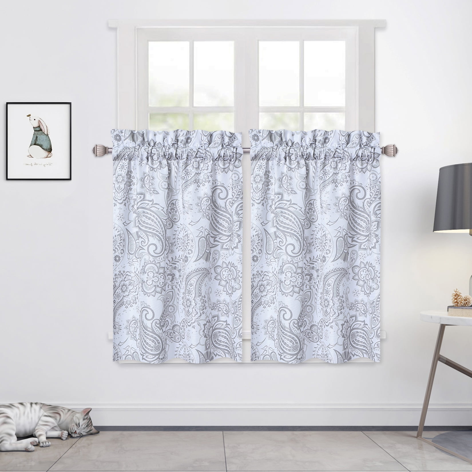 Haperlare Cafe Curtain 24 inch Long Vintage Damask Paisley Farmhouse Blackout Kitchen Curtain