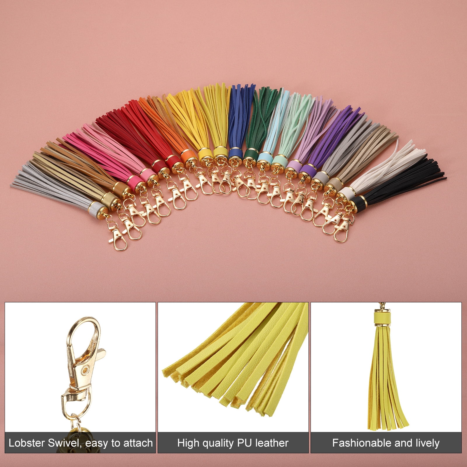 Unique Bargains PU Leather Tassels Keychain Charm with Lobster Swivel for Crafting Yellow
