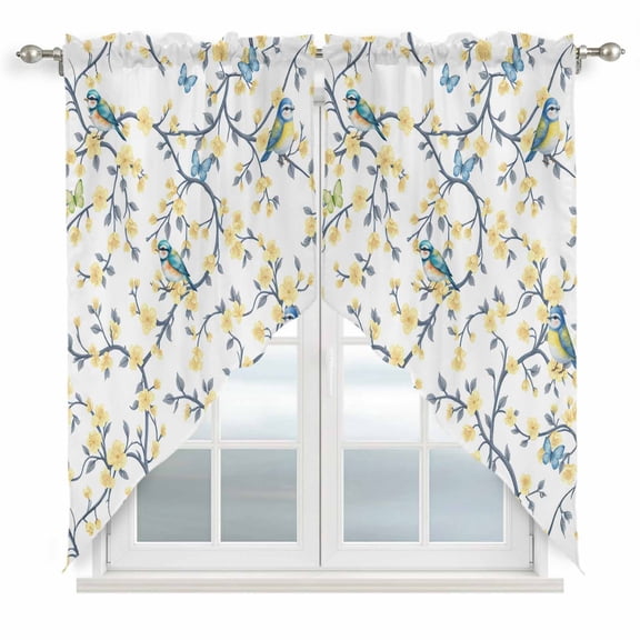 Yellow Spring Floral Swag Valances for Windows, Kitchen Window Curtains Over Sink, Watercolor Birds Elegant Pastoral Window Treatment Curtains for Living Room/Bedroom Curtains 2 Panel Sets 36"x45"