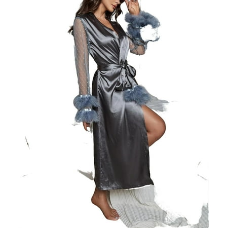 

Elegant Polka Dot V neck Long Sleeve Dark Grey Womens Robes (Women s)