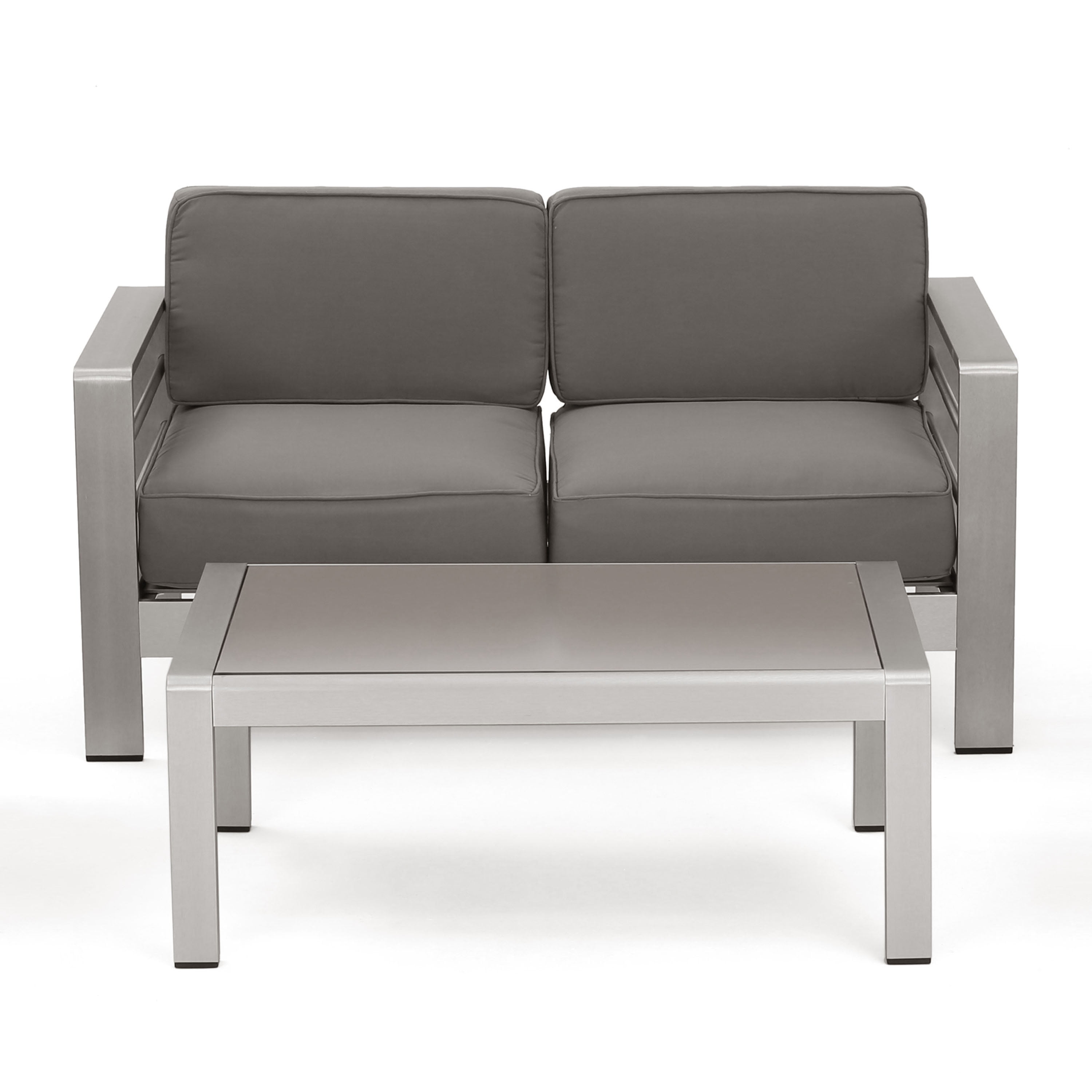 Doris Outdoor Aluminum Loveseat and Coffee Table Set with Cushions, Silver, Khaki