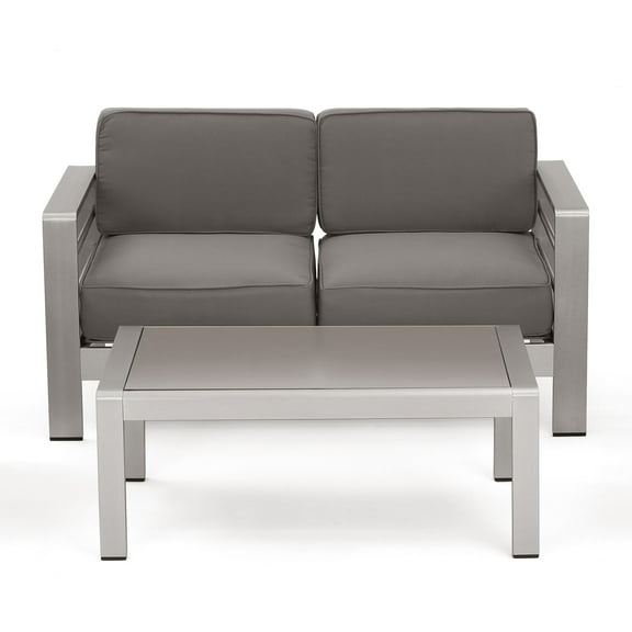 Cybele Doris Outdoor Silver Aluminum Loveseat and Coffee Table Set with Cushions, Khaki