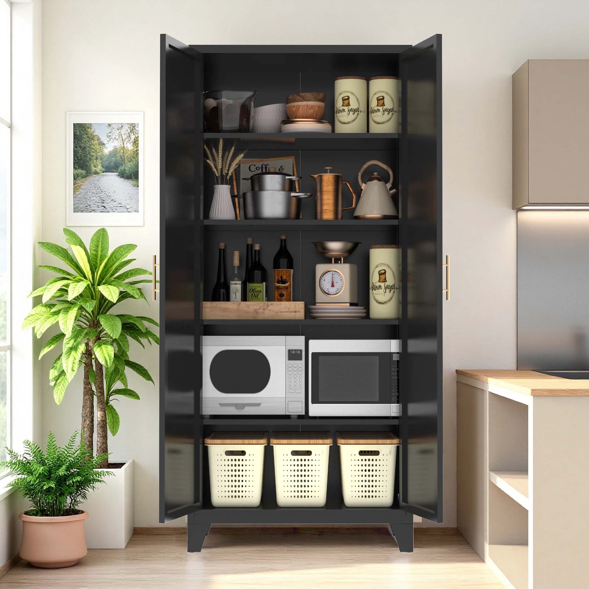 Miniyam 71"H Metal Storage Cabinet with 2 Shaped Doors & Adjustable Shelves – Black, for Bedroom/Living Room/Kitchen