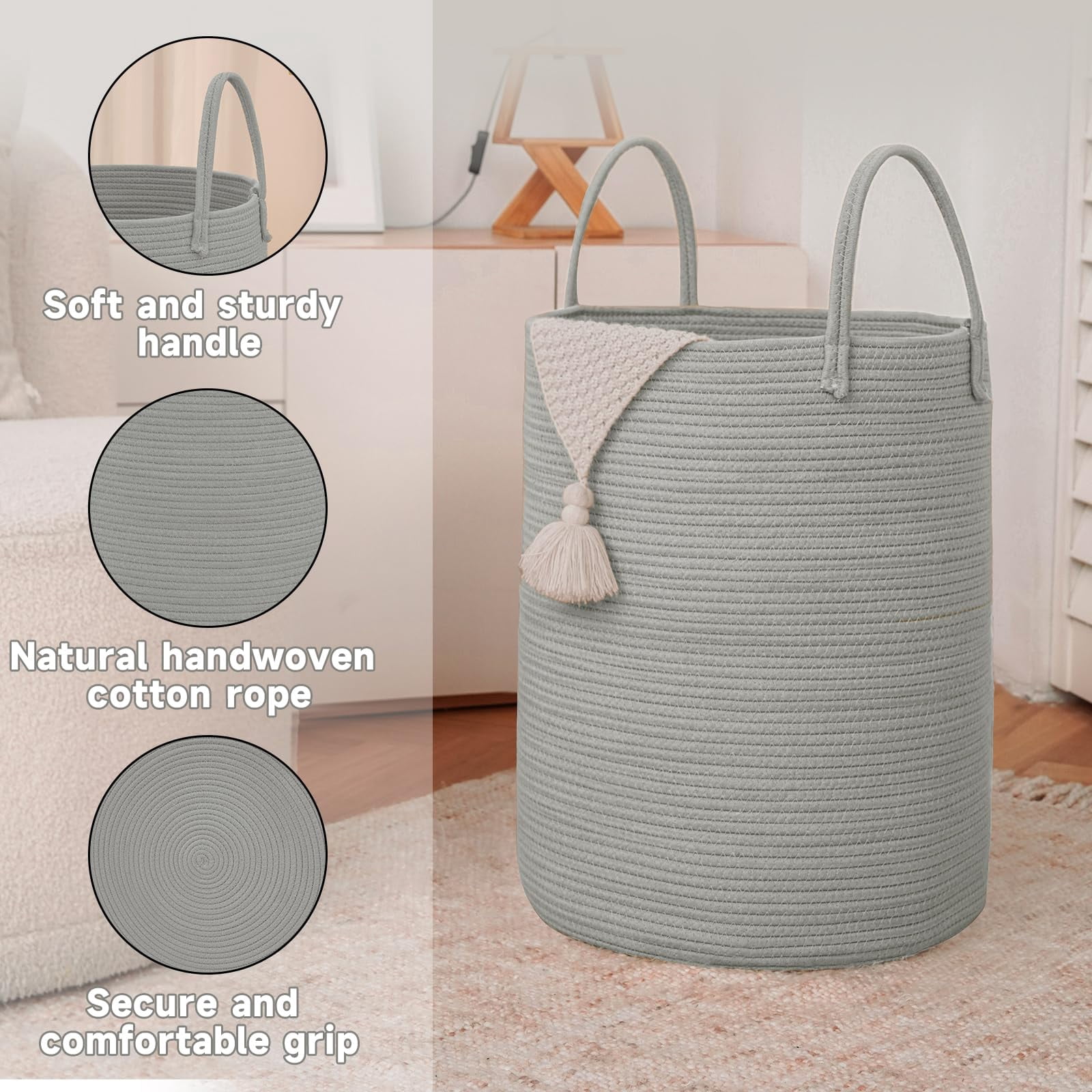 Large Woven Laundry Basket Hamper,60L Cotton Rope Storage Bin for Blankets,Toys and Clothes,Decorative Tall Nursery Hamper for Living Room,Baby Nursery,Bathroom and Bedroom