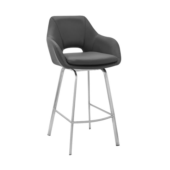 Armen Living Indoor Aura Gray Faux Leather and Brushed Stainless Steel Swivel 30" Bar Stool
