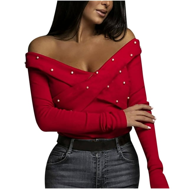 Womens Casual Solid Color Cross Beaded Off-Shoulder Long-sleeved T-shirt Top