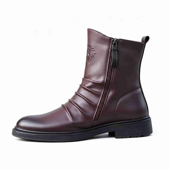 Embossed Decor Mid Height Boots for Men, Pleated Biker Boots Front Side Zip Everyday Walking Boots