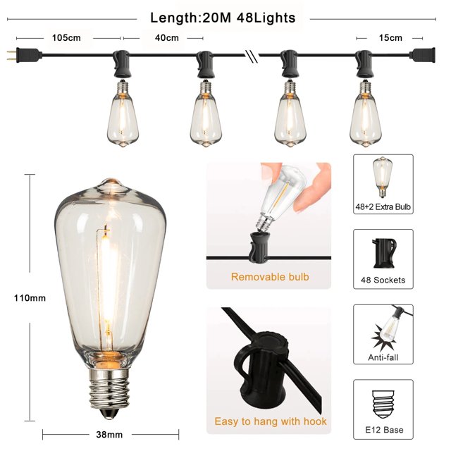 ST38 String Lights Outdoor Garland Connectable Shatterproof Waterproof Plastic LED Bulb Dimmable Patio Garden Decor Fairy Lighst