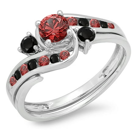 18k Bridal Set Ring - Dazzlingrock Collection 18K Round Ruby & Black Diamond Ladies Bridal Engagement Ring Matching Band Set, White Gold, Size 9.5