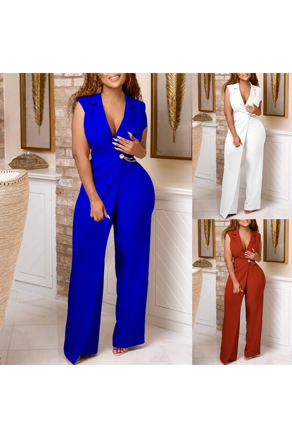 Jumpsuits for Women Dressy Formal V Neck Sleeveless Wide Leg Long Pants Rompers Business Party One Piece Outfits, Brown, M