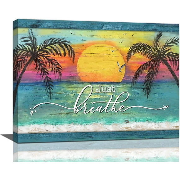 Palm Tree Beach Decor Wall Art Sea Ocean Coastal Nautical Summer Landscape Just Breathe Pictures Wall Decor Canvas Painting Prints Modern Home Artwork Framed for Bathroom Living Room 16"x12"