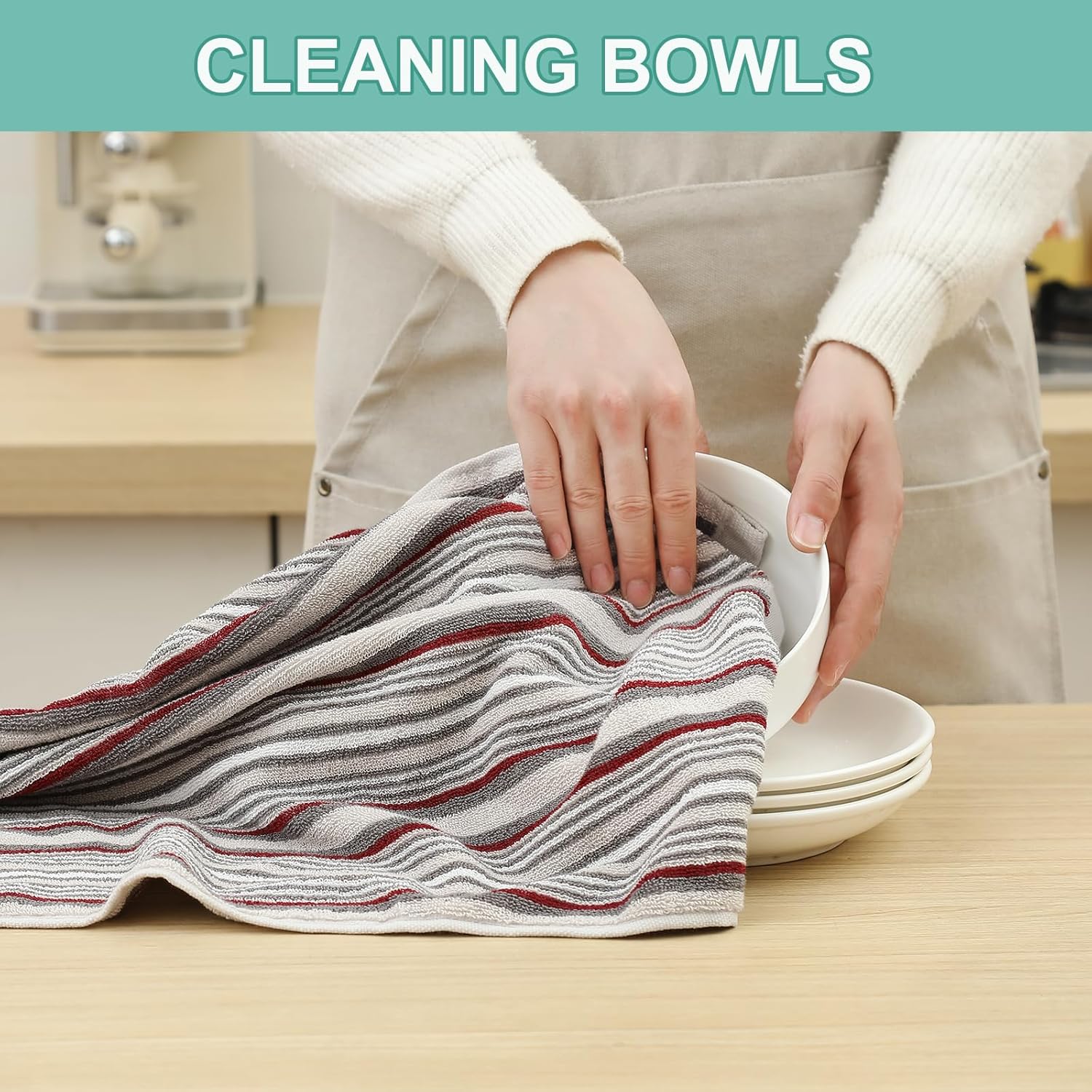 KitchenKey Premium Cotton Kitchen Dish Towels for Drying Dishes,Large Long Kitchen Hand Towels, Thick Highly Absorbent Dish Clothes Tea Towel Sets with Hanging Loop, 16" X 26",4 Pcs,Gray and Wine Red