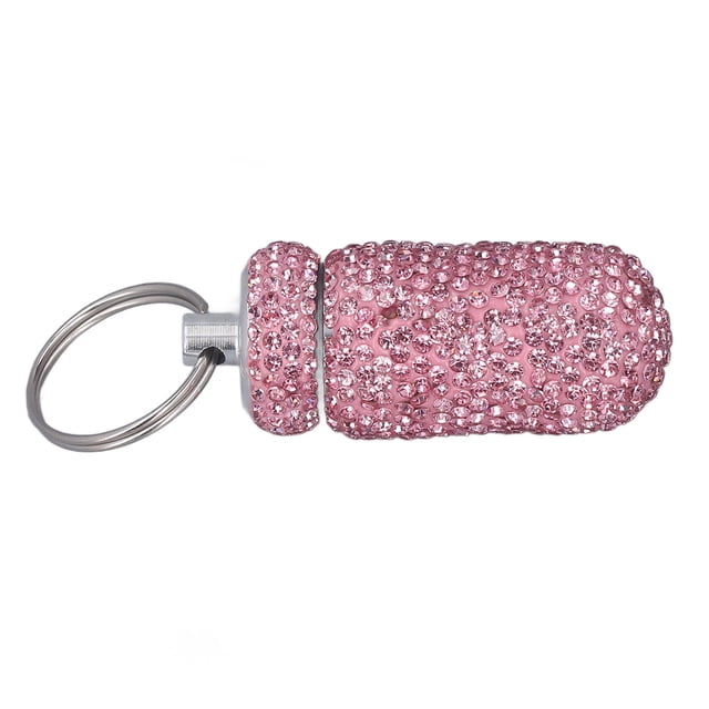 Keychain Pill Box, Rhinestone Capsules Storage Case Container with Keyring, Aluminum Alloy Portable Medicine Bottle Box