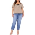 thumbnail image 2 of Agnes Orinda Blusas de Talla Grande para Mujer con Cuello Cuadrado, Mangas Cortas, con Detalle de Contraste y Nudo, T-Shirts Casual 2X Camel, 2 of 6