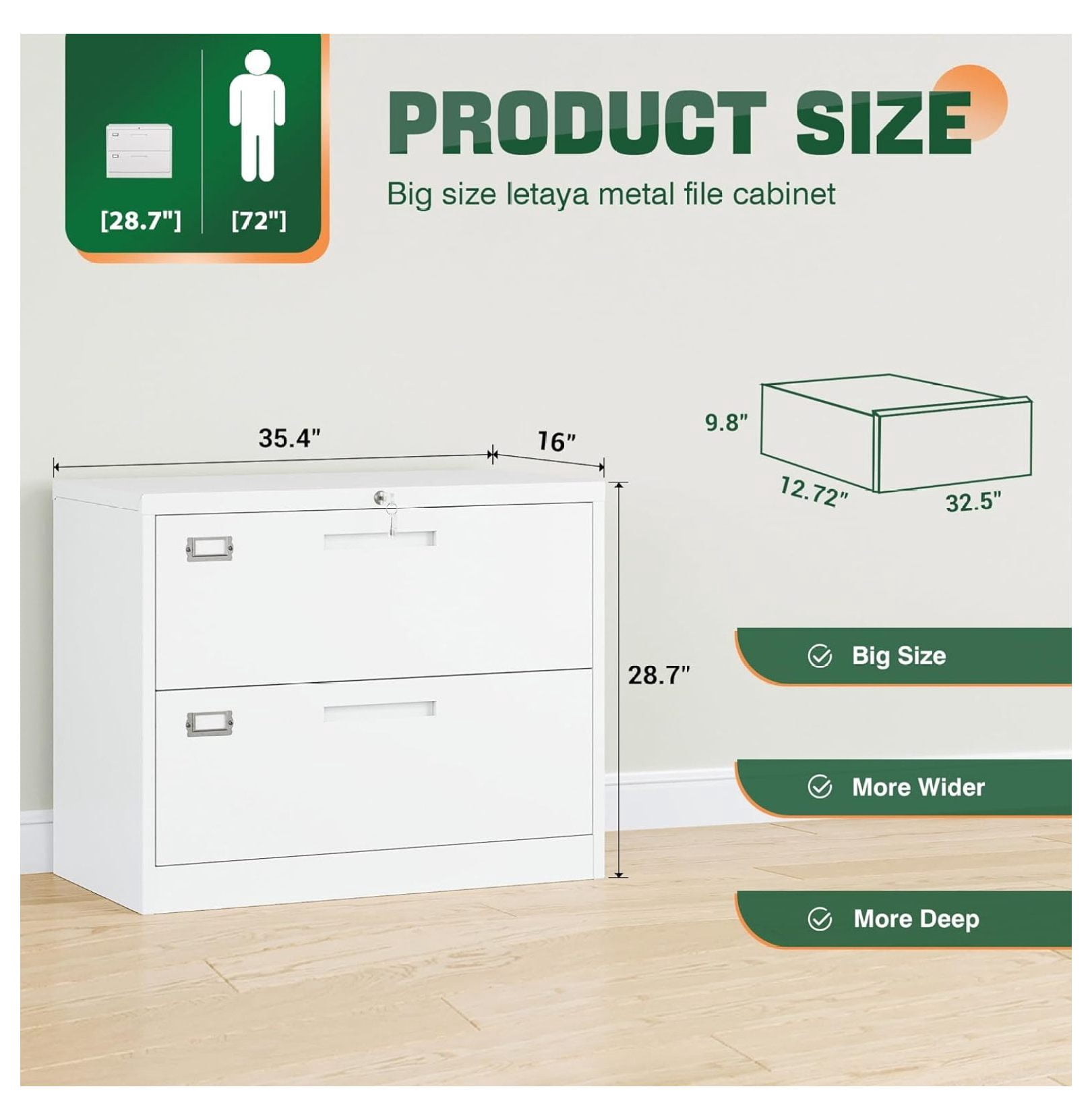 WDZS 2 Drawer Metal Filing Organization Office Cabinets with Lock,Lateral File Cabinets for Home Office Hanging Files Letter/Legal/F4/A4 Size (2 Drawer-White)