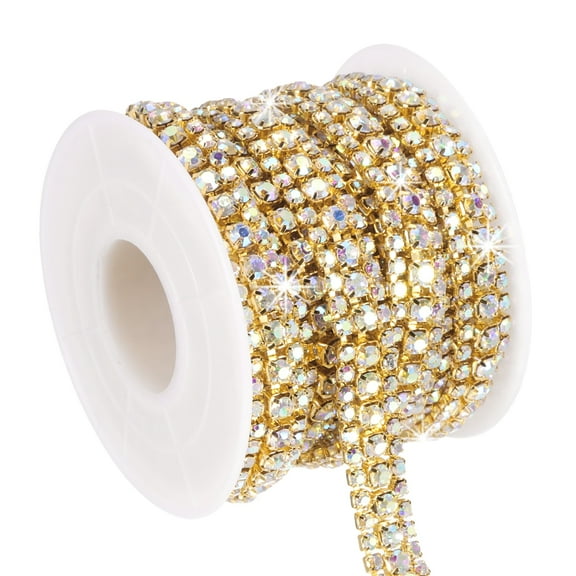Uxcell 3 Yards Rhinestone Chain Roll, 3 Rows Crystal Close Chain Bling Trim, Gold/AB Colorful