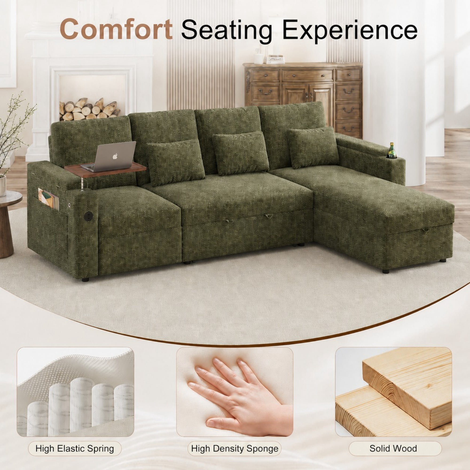 DEALTOPS 108" Chenille L-Shaped Pull Out Sleeper Sofa Bed with Recliner, Storage Chaise & USB Ports, Green