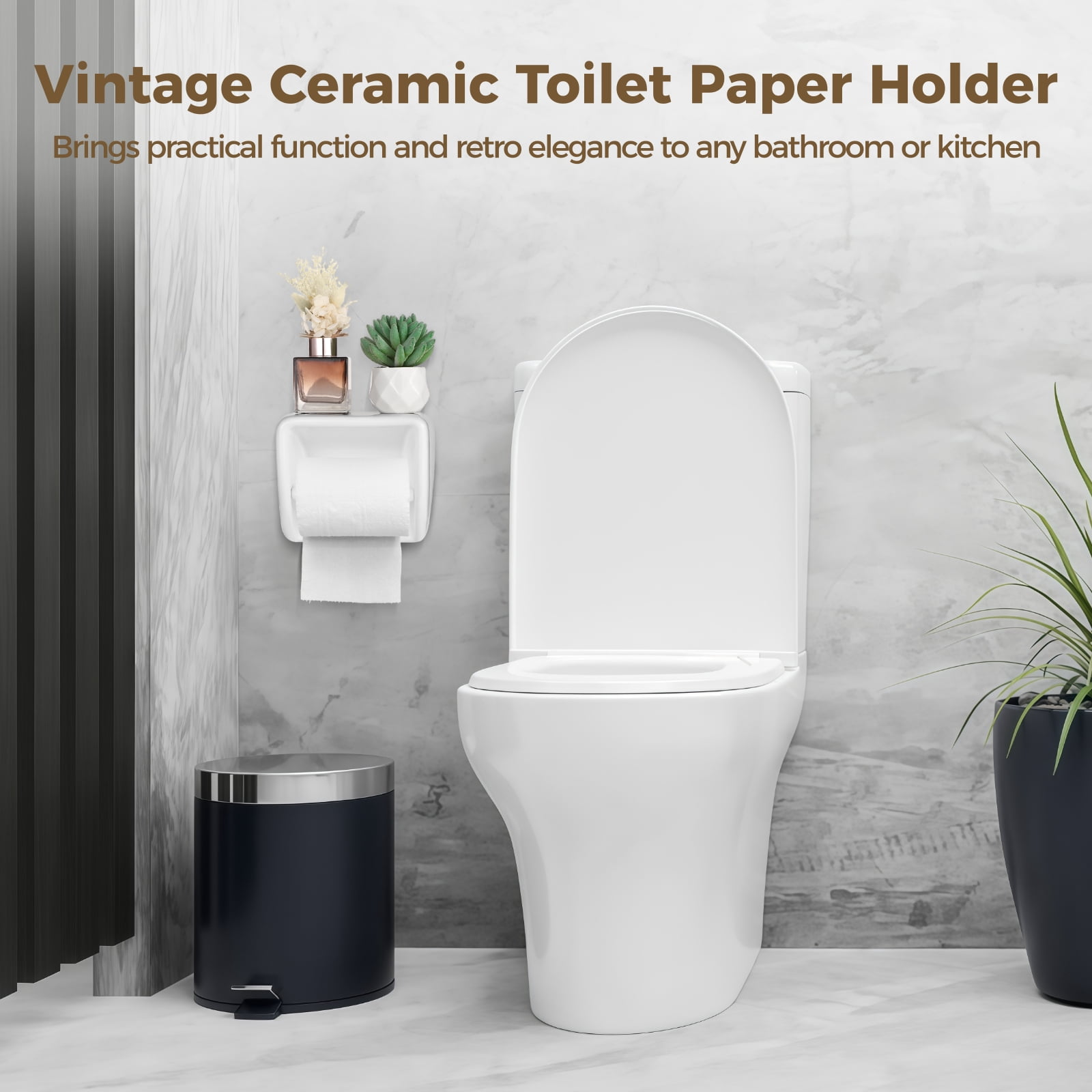 White Ceramic Toilet Paper Holder, Glazed Wall Mounted Tissue Dispenser with Detachable Shaft, Flat Top Shelf, Vintage Style Toilet Roll Holder for Bathroom or Kitchen Use