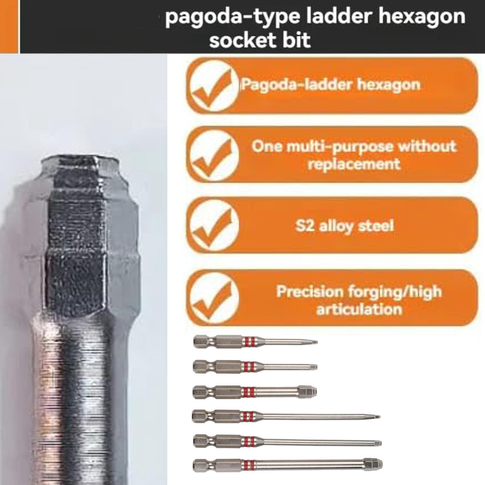 Pagoda Shaped Hexbit Set,6-Piece Hex Screwdriver Bit Set, Magnetic Hexagonal Shank for Power Drills, Woodworking, and Professional Repairs
