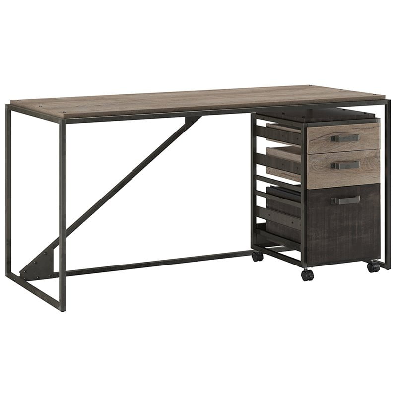 Bush Refinery 62 Industrial Writing Desk With Mobile File Cabinet