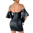 thumbnail image 5 of hirigin Women's Off Shoulder Bodycon Dress, Short Sleeve Grommet Eyelet Cross Tie-up PU Leather Dress, 5 of 6
